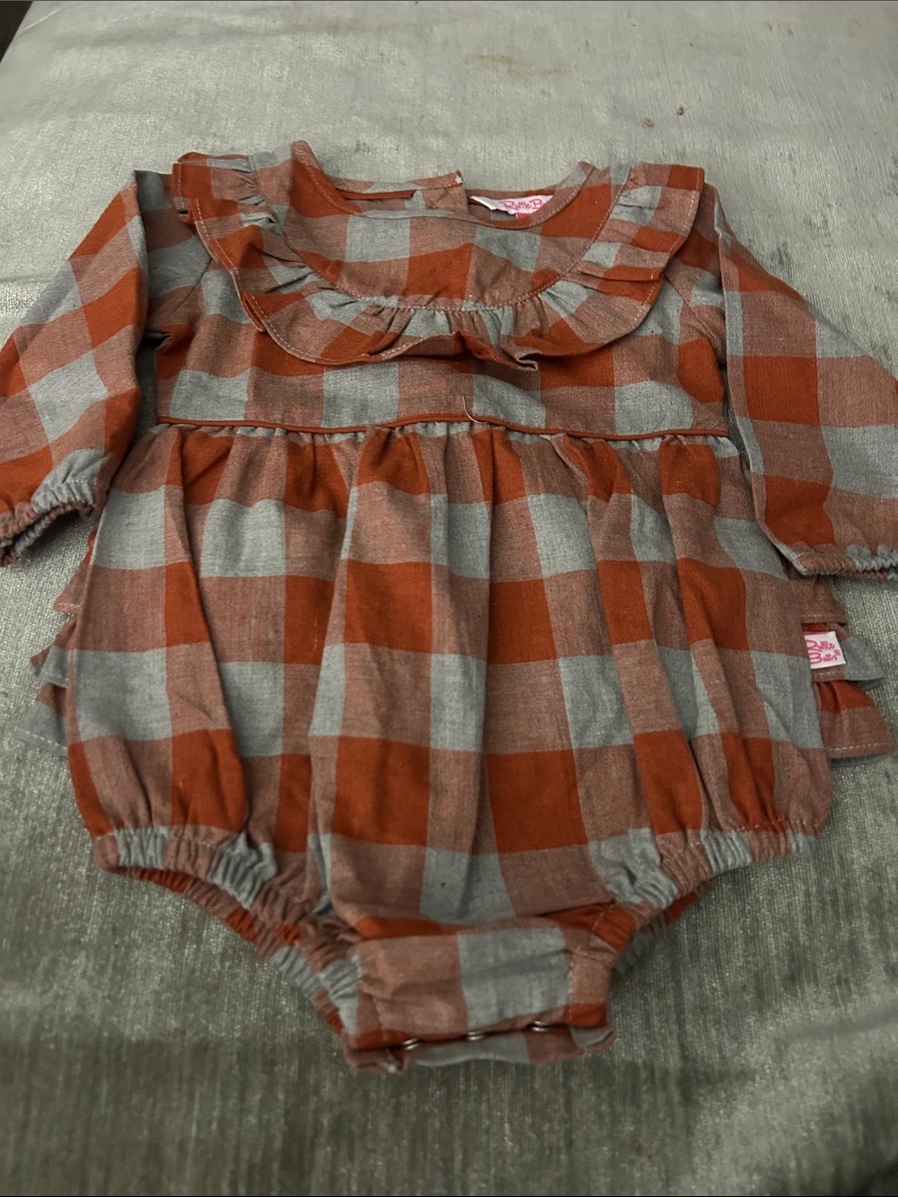 Ruffle Butts Orange and Gray Plaid Ruffle Collar Baby Romper